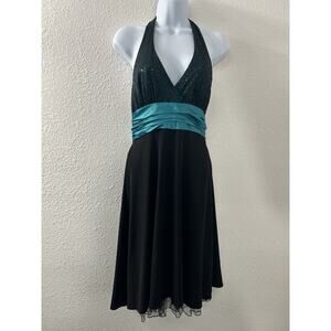City Triangles Womens‎ Halter Dress Black Sequins & Turquoise Bow Size M Fairy